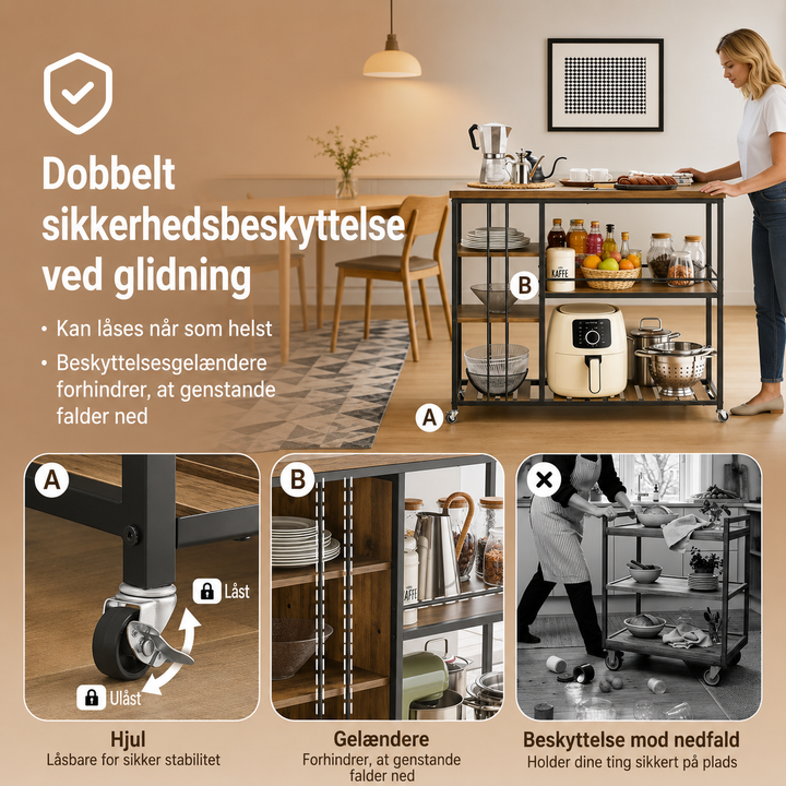 Køkkenvogn med 5 hylder og hjul – industrielt design