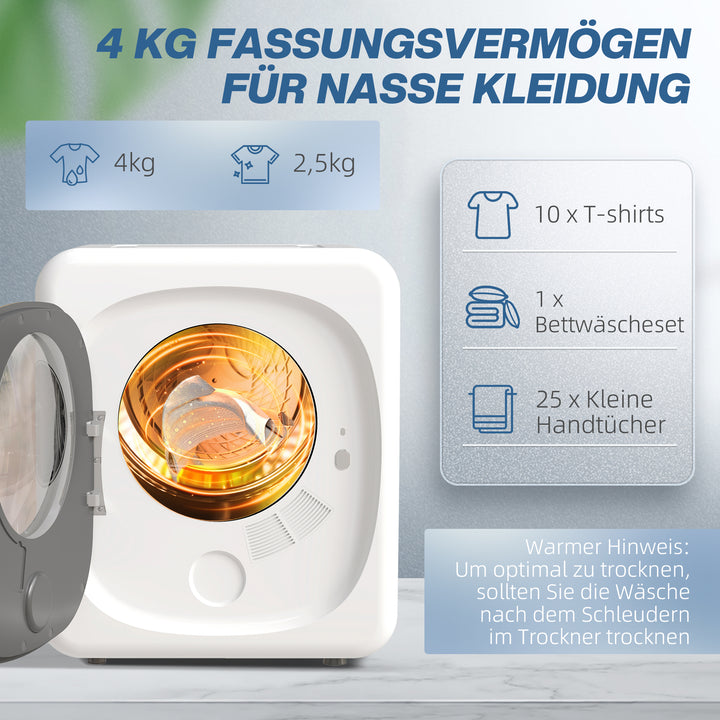 4 kg tørretumbler, kompakt design, 5 tilstande, timer, hvid+sort