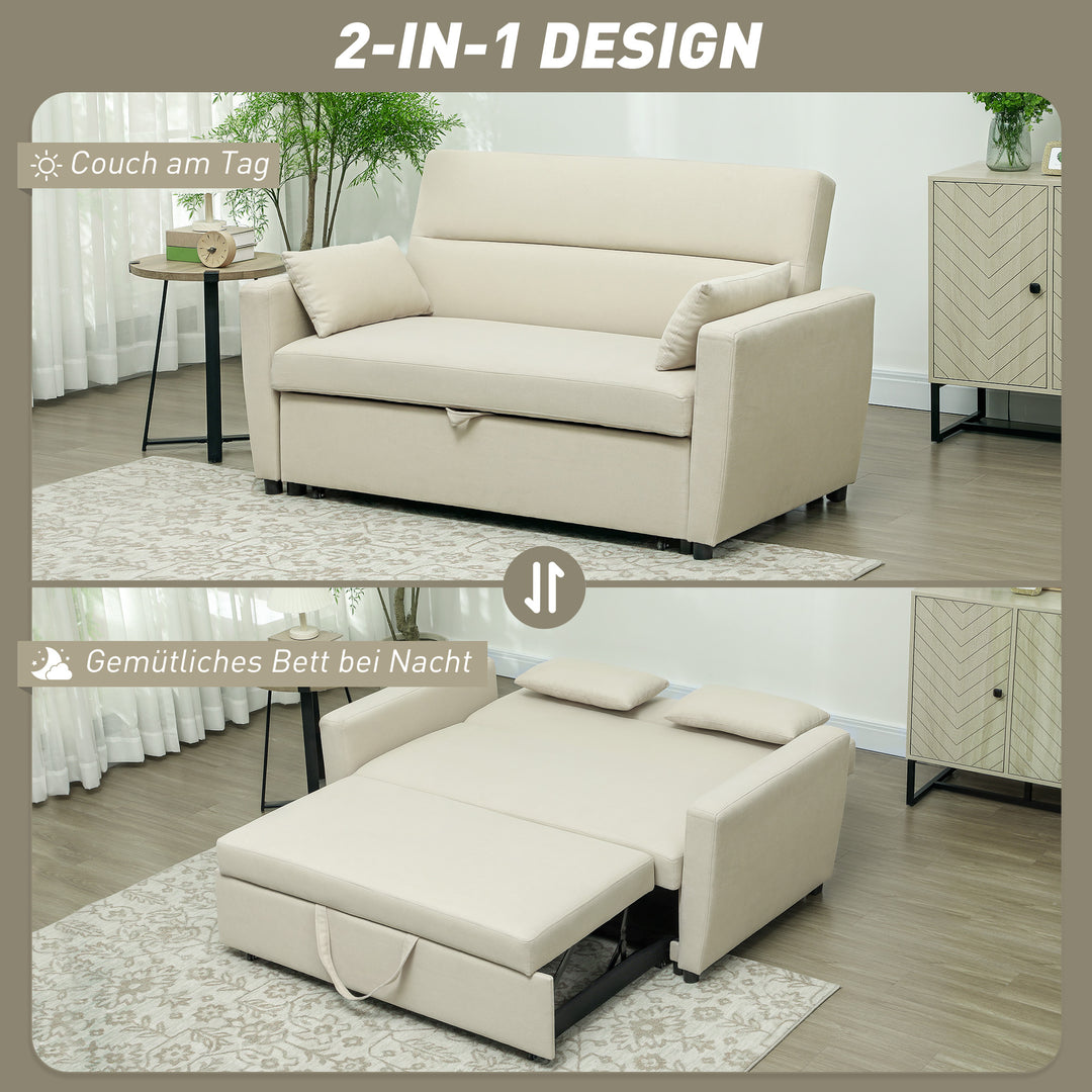 2-Personers sofa med sengefunktion, justerbar ryglæn, polstret sofa, fløjlslook, til stue, soveværelse, beige