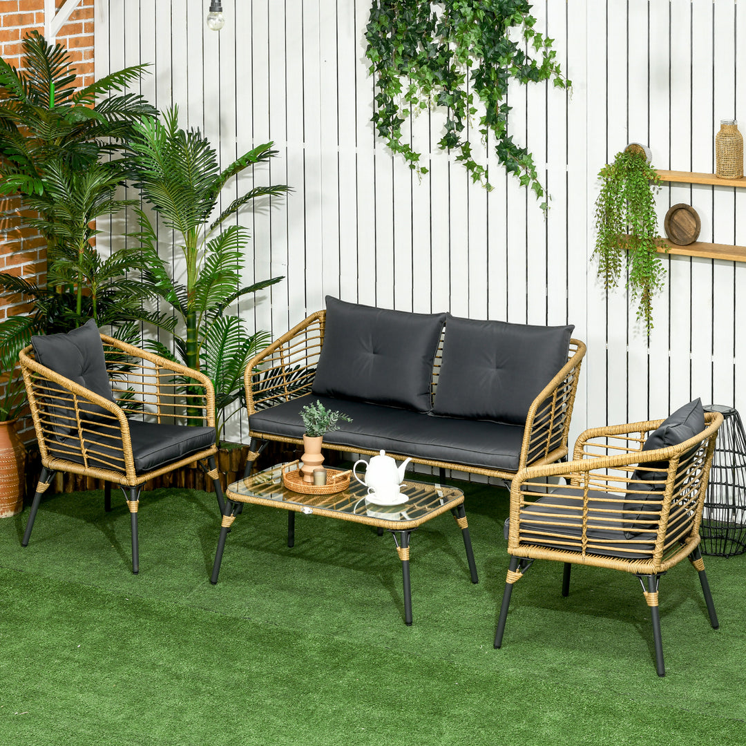Havemøbelsæt til 4 personer, rattan siddesæt med hynder, boho-stil balkonmøbler, sand + mørkegrå