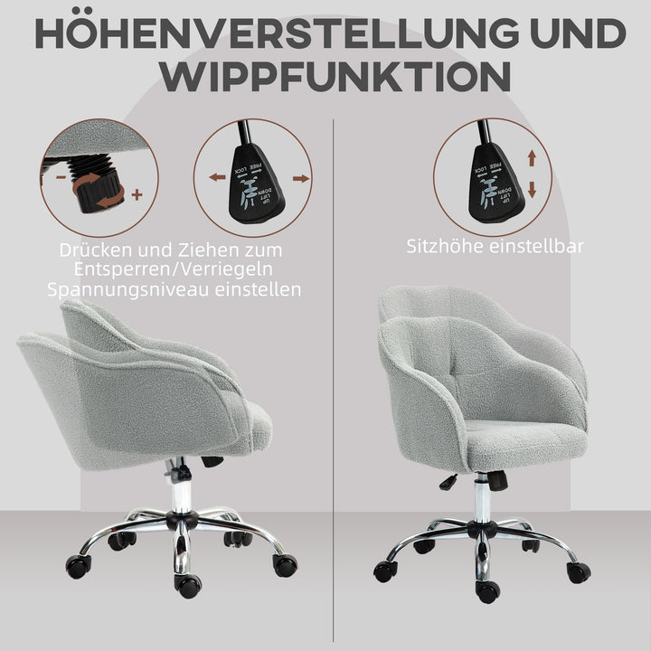 Hjemmekontorstol, ergonomisk skrivebordsstol med vippefunktion, teddy velvet look, 56 x 61 x 86 cm, grå