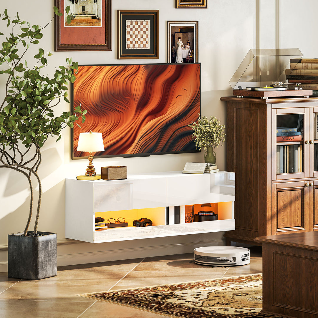 Tv-skab med led-belysning, 16 blinkende tilstande, vægmonteret tv-skab, åbne hylder, 120 x 35 x 40,5 cm, hvid