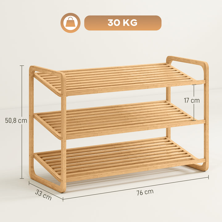 Skoreol i bambus med 3 hylder, 76B x 33D x 50,8H cm, naturfarvet