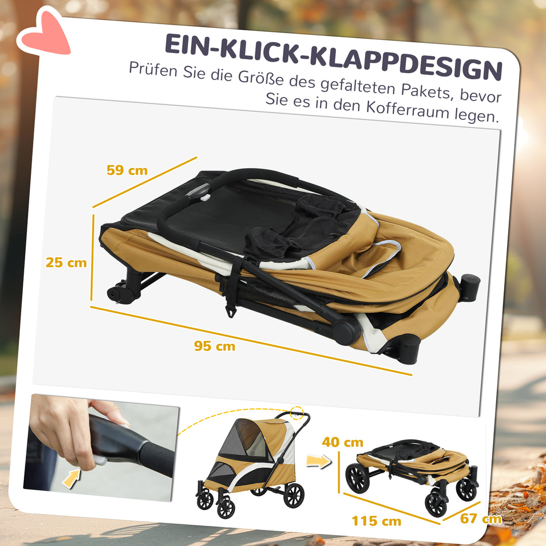 Hundeklapvogn, foldbar hundevogn til store hunde, kæledyrsklapvogn med 4 hjul, sikkerhedssnore, bremser, brun