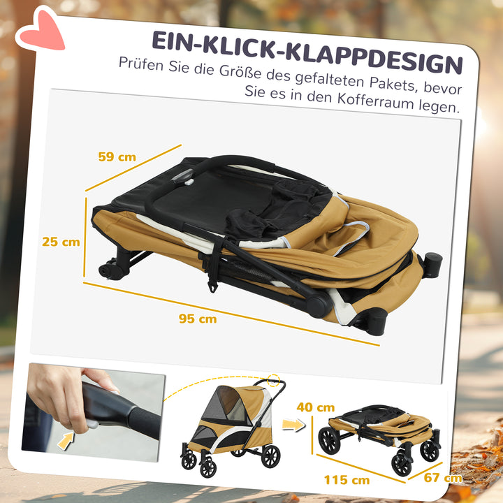 Hundeklapvogn, foldbar hundevogn til store hunde, kæledyrsklapvogn med 4 hjul, sikkerhedssnore, bremser, brun