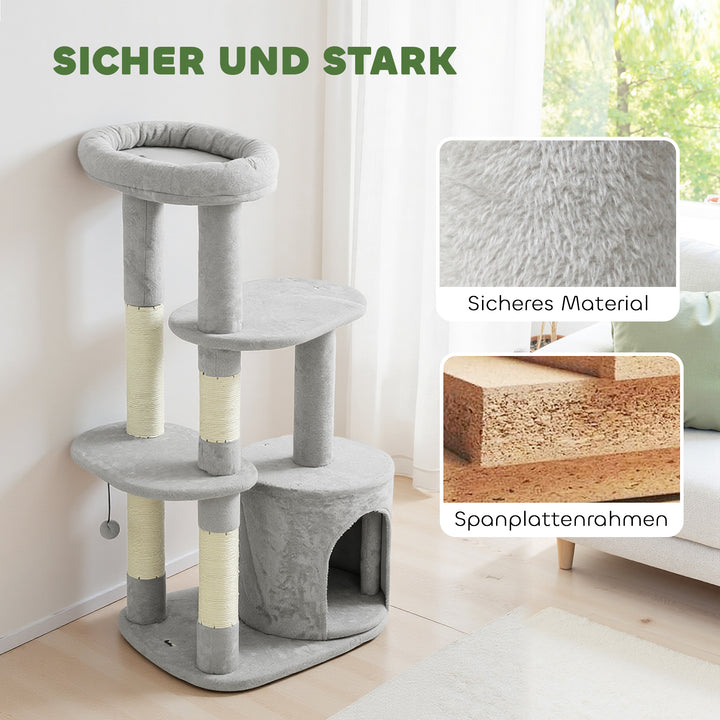 Kradsetræ 114 cm kattetårn med hule, sisalstolper, platform, flere etager til mellemstore katte under 6 kg, lysegrå