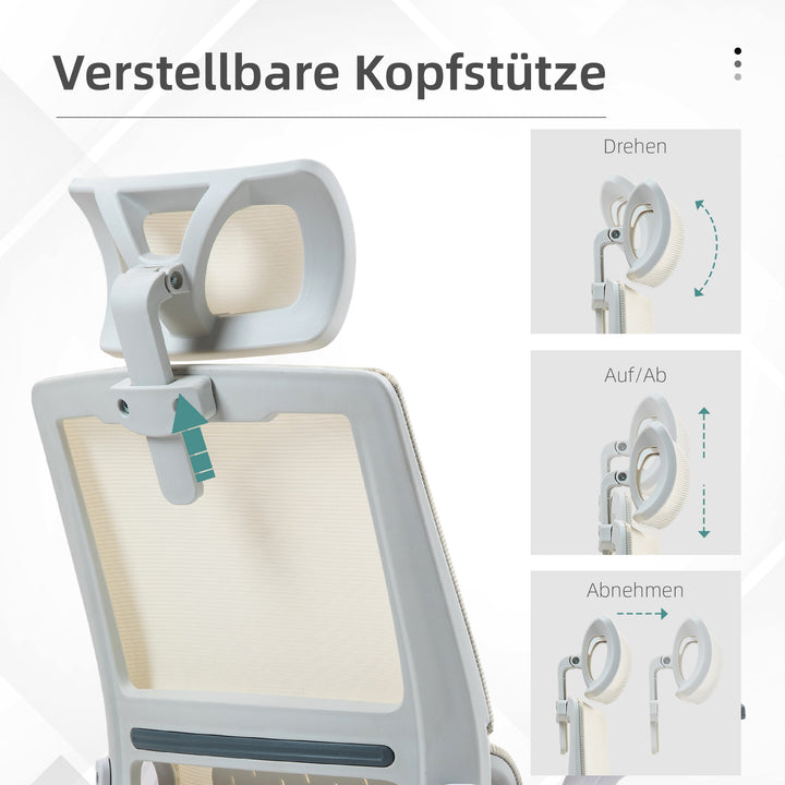 Kontorstol, skrivebordsstol, højdejusterbar, 1 nakkestøtte, 60 x 61 x 121,5 cm, beige