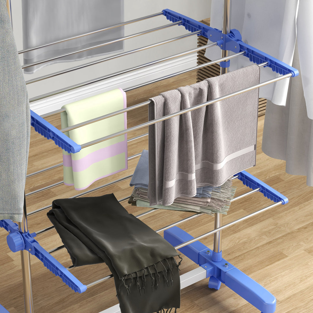 Tørrestativ med 5 niveauer, foldbar, et-klik-system, 142 cm x 55 cm x 1,72 cm, blå + sølv