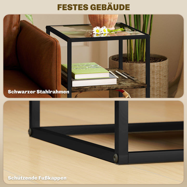 Sæt med 2 sideborde med glasplade, 3-lags design, metalstel, til stue, soveværelse, brun