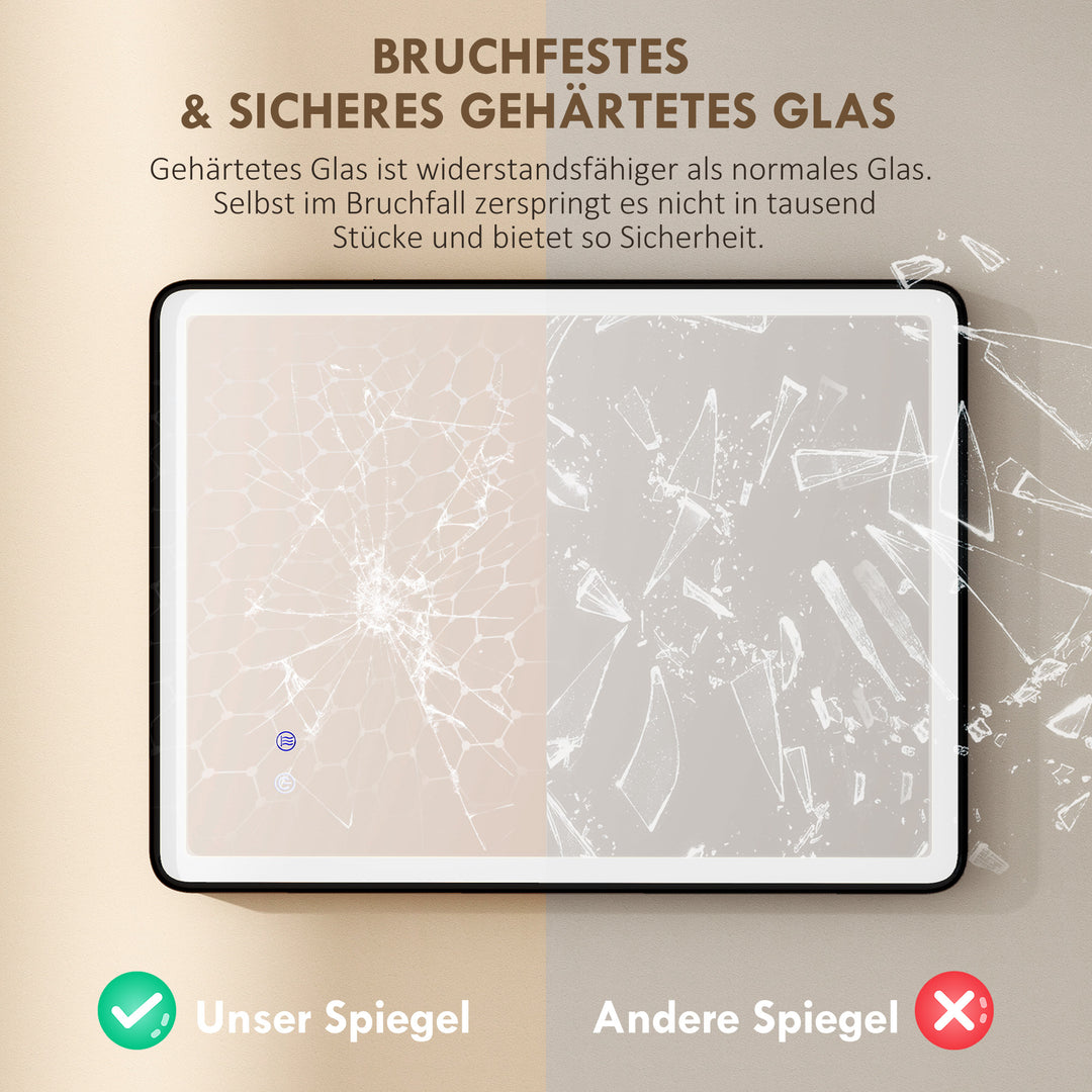 LED badeværelsesspejl, dugfrit, dæmpbart makeupspejl med belysning, 80 x 60 cm, sort ramme