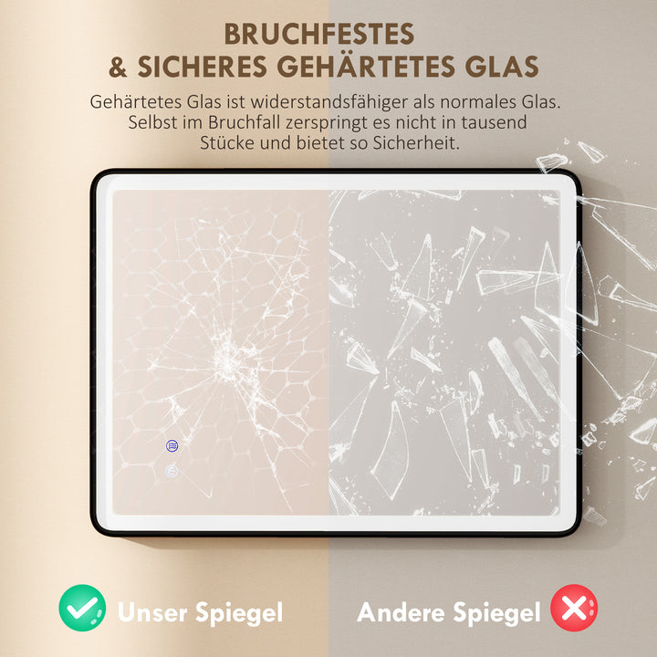 LED badeværelsesspejl, dugfrit, dæmpbart makeupspejl med belysning, 80 x 60 cm, sort ramme