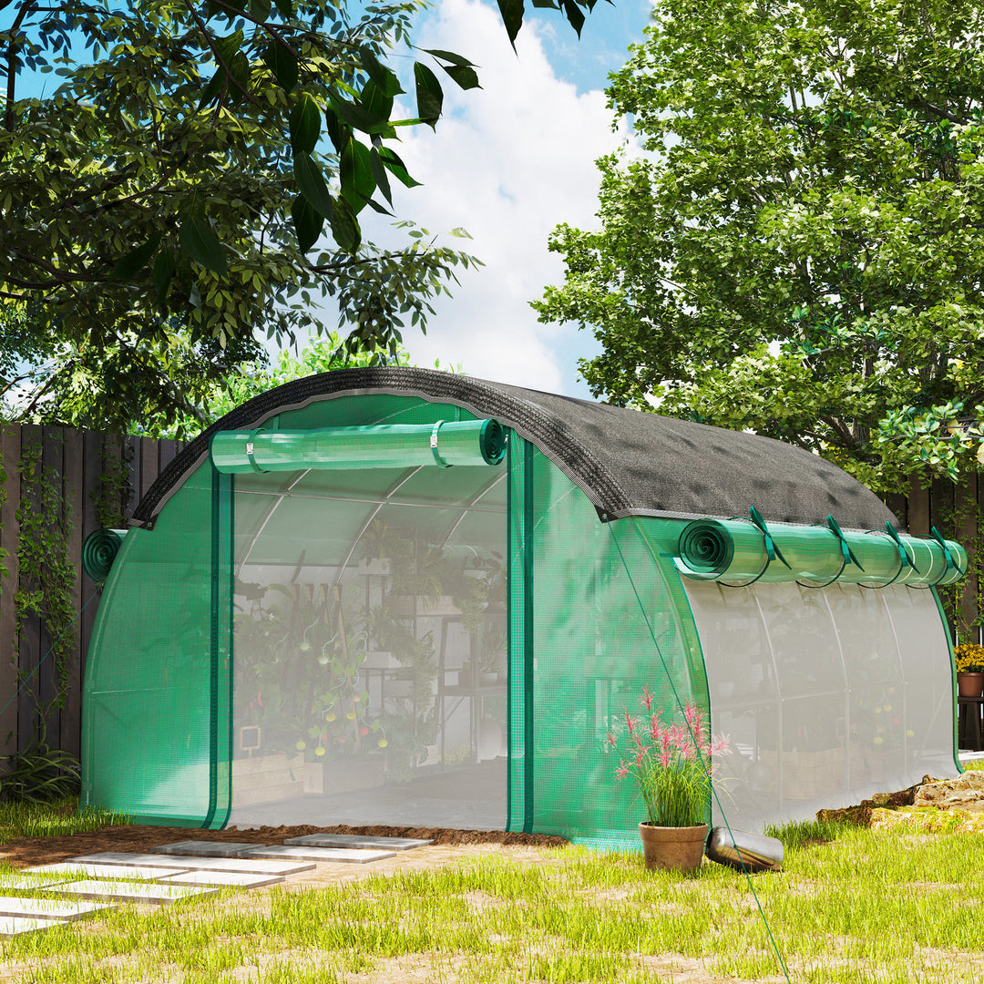 4 x 3 x 2 m polytunnel drivhus med solnet, rullelige sidevægge, plastikdæksel, stålramme, grøn
