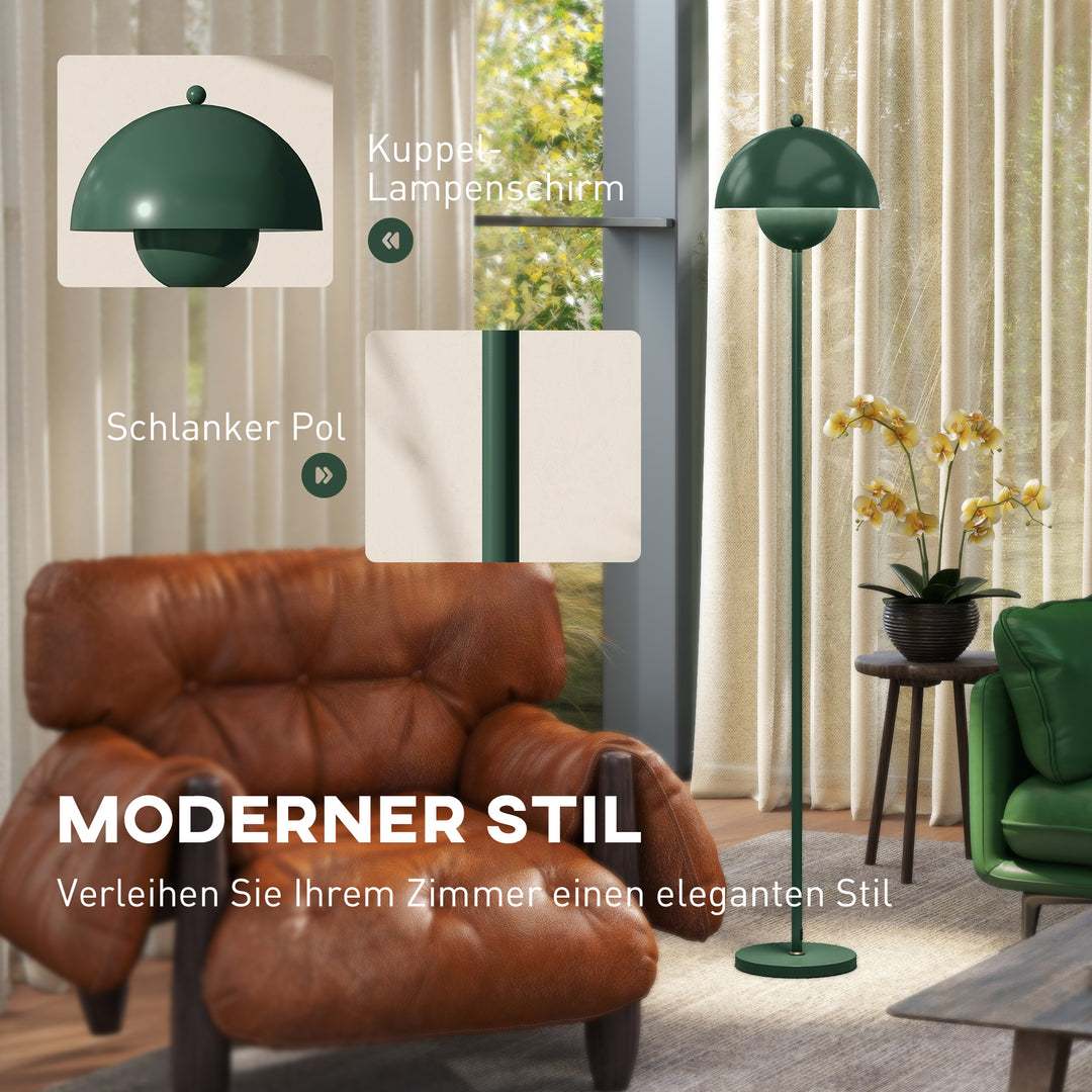 Gulvlampe, rund skærm, fodkontakt, lang kabel, elegant look, stål, grøn