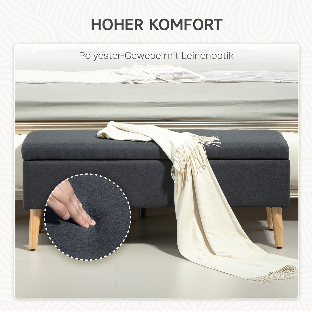 Polstret bænk med opbevaring, sengebænk i linnedlook, gummitræ, 110 x 39 x 45 cm, mørkegrå
