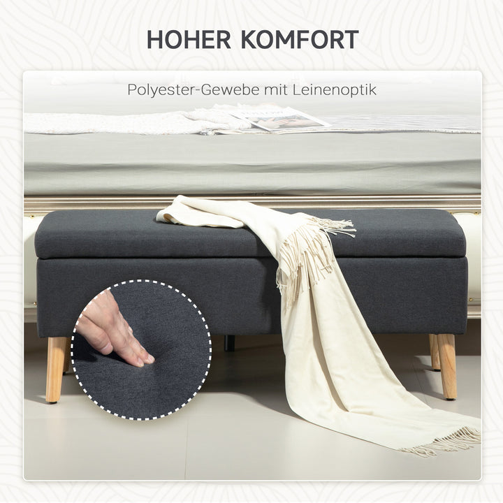 Polstret bænk med opbevaring, sengebænk i linnedlook, gummitræ, 110 x 39 x 45 cm, mørkegrå