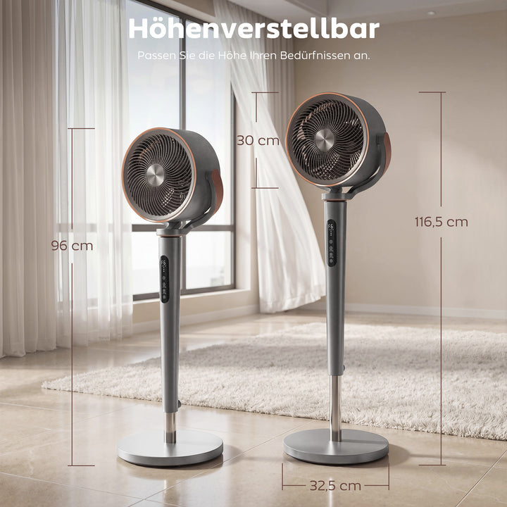 Sokkelventilator, luftcirkulator, ventilator med 12 hastighedsindstillinger, LED-display, fjernbetjening, 70°+90° oscillation, grå