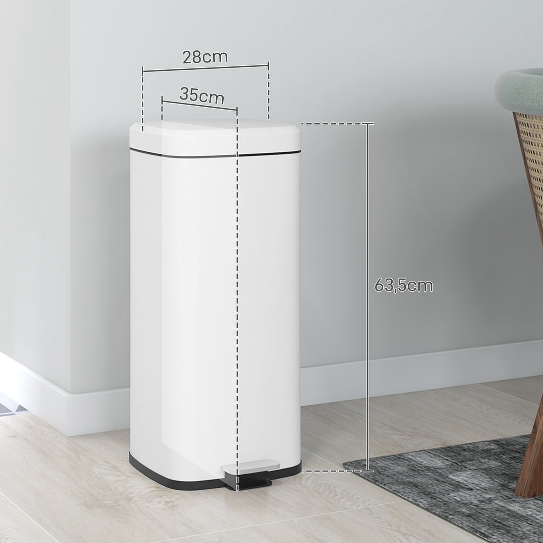 30L affaldsbeholder, soft-close låg, fingeraftrykssikker, fodpedal, metal/plast, 28x35x63,5 cm, hvid
