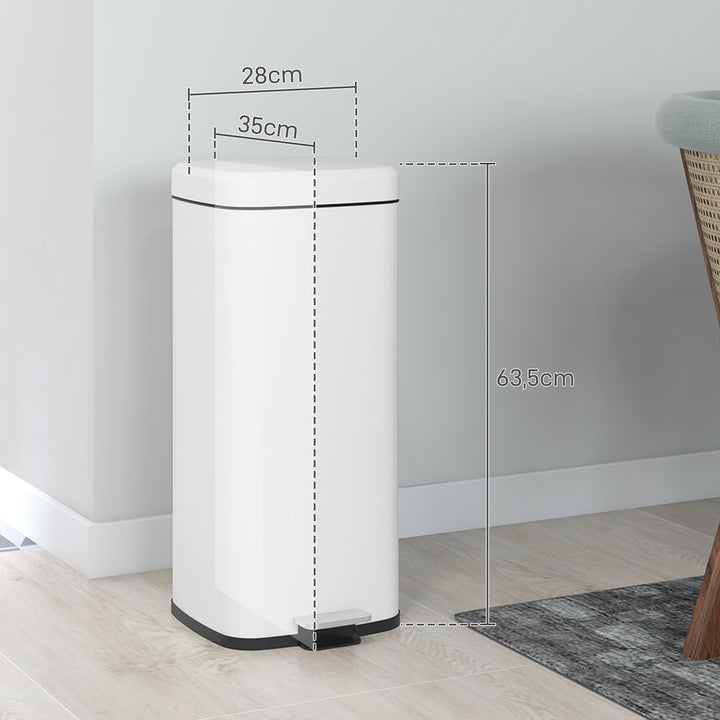 30L affaldsbeholder, soft-close låg, fingeraftrykssikker, fodpedal, metal/plast, 28x35x63,5 cm, hvid