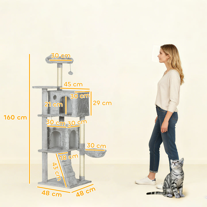 160 cm kradsetræ, flere niveauer, sisal kradsetræer, huler, plysplatforme, hængekøje, stige, legebolde