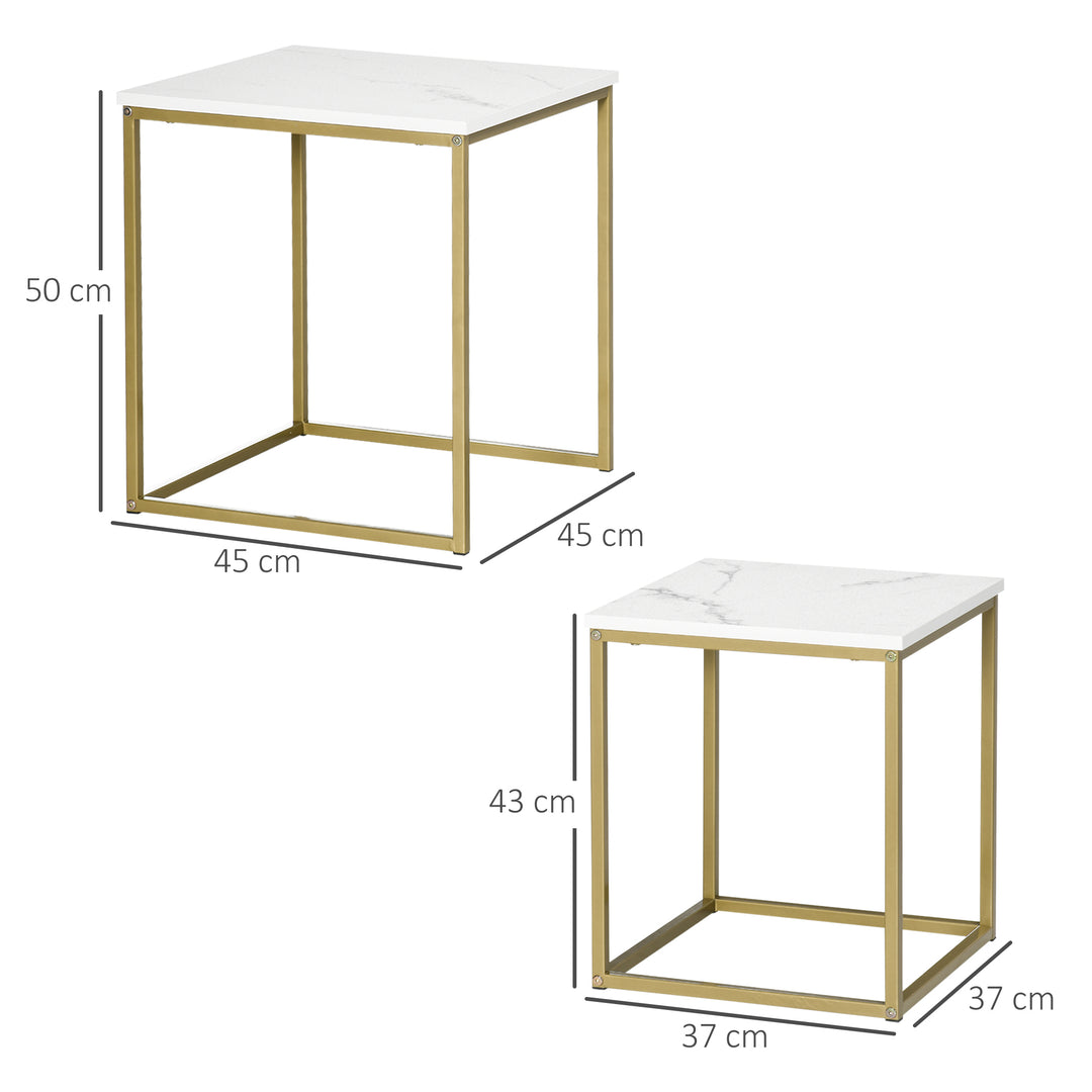 Sæt med 2 stabelbare sideborde med marmorlookplade, guld + hvid
