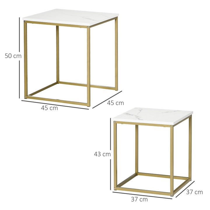 Sæt med 2 stabelbare sideborde med marmorlookplade, guld + hvid