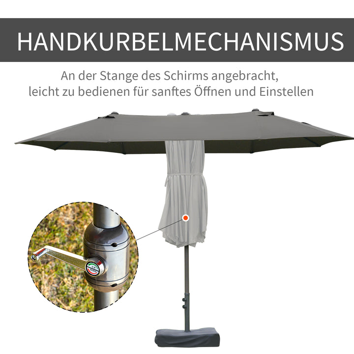 Parasol, haveparasol, markedsparasol, dobbeltparasol, terrasseparasol med parasolstativ, håndsving, mørkegrå, oval, 460 x 270 x 240 cm