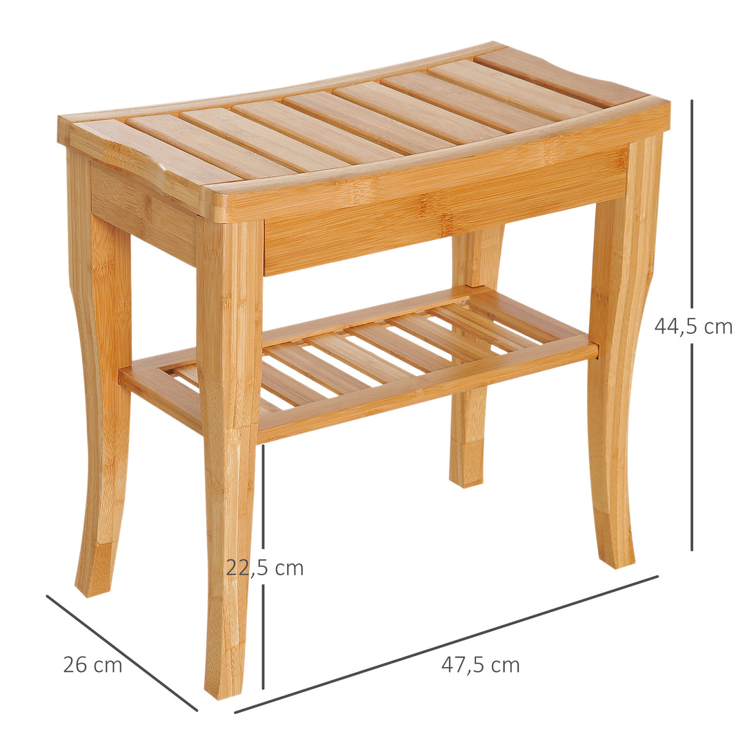 Brusestol, badeværelsesstol med hylde, brusesæde, brusestol, badeværelsesstol, badeværelseshylde, bambus, 47,5 x 26 x 44,5 cm, naturlig