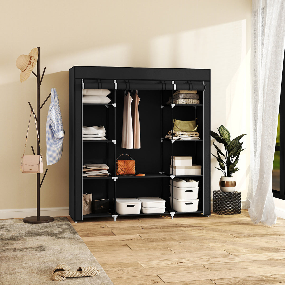 Stofgarderobe, foldbar garderobe, 1 bøjlestang, 9 hylder, 150 cm x 43 cm x 162,5 cm, sort