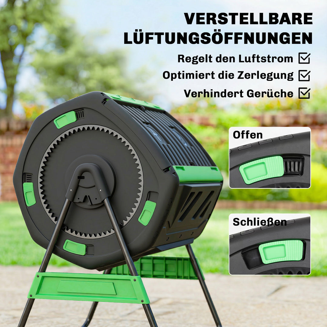 Kompostbeholder, 200L dobbeltkammerkomposter med justerbare ventilationsåbninger, BPA-fri, grøn