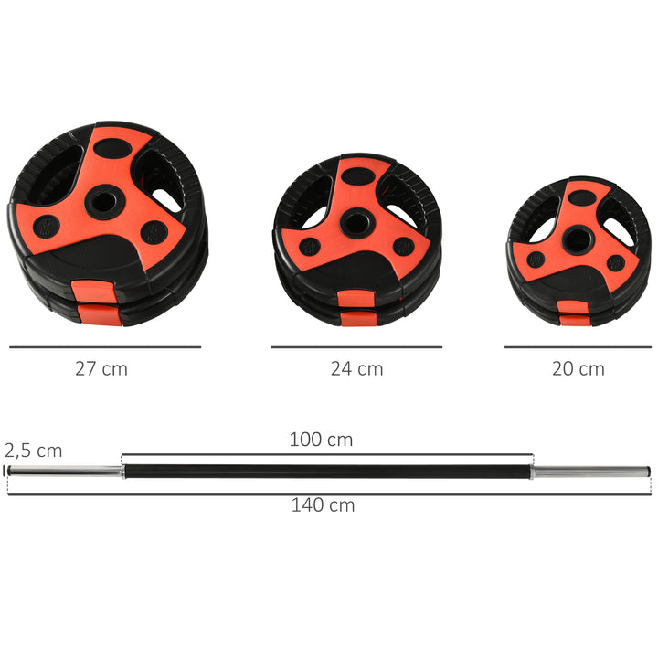 Vægtstangssæt 20 kg, inklusive 6 vægtskiver, 2 x 5 kg, 2 x 2,5 kg, 2 x 1,25 kg, skridsikker stang, sort + rød