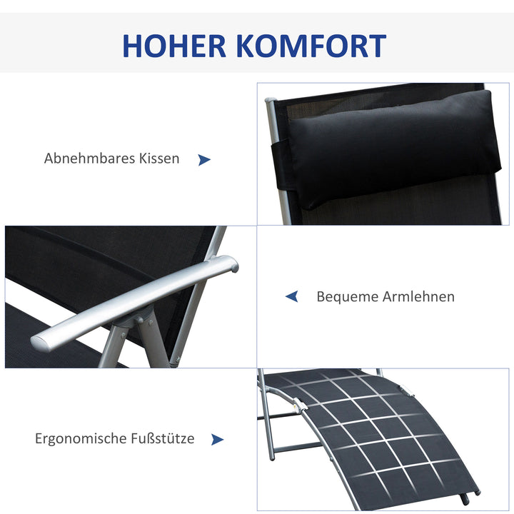 Foldbar solseng med hynde, liggestol med 7-vejs justerbar ryglæn, haveliggestol, afslapningsliggestol, havestol, lasteevne op til 165 kg, til haveferie, udendørs, sort