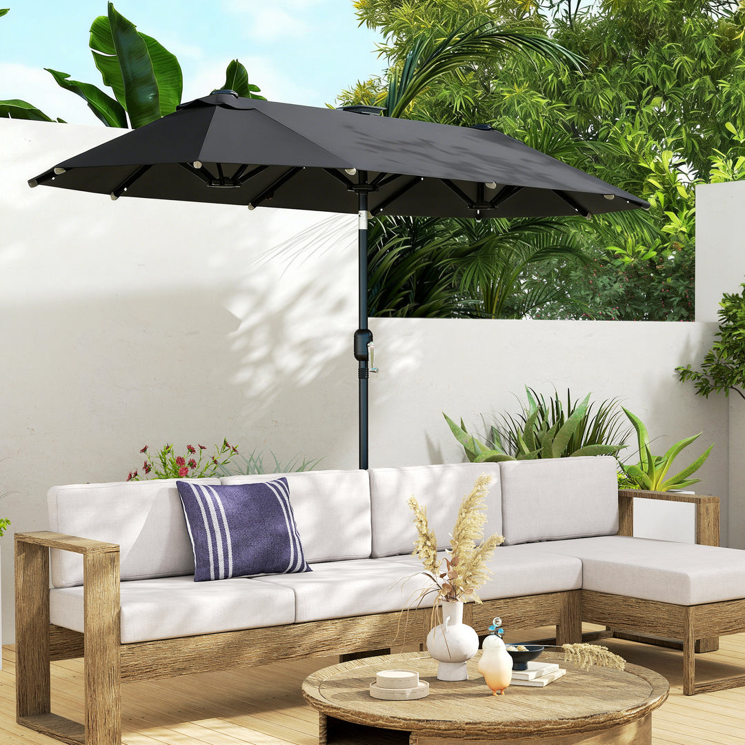 Dobbelt parasol, terrasseparasol, vipbar, med solpanel, 35 LED'er, stålramme, grå, 2,92 x 1,50 x 2,18 m
