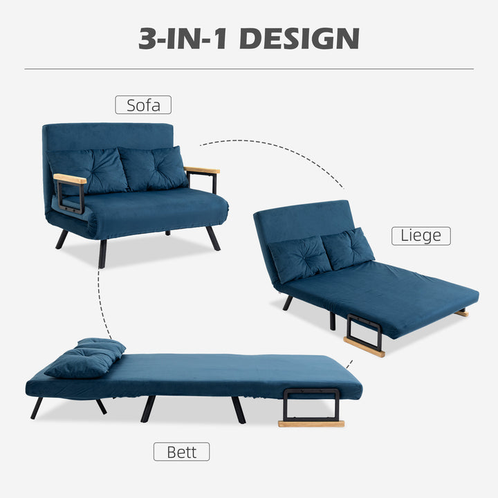 2-Personers sovesofa med fløjlsbetræk, sovefunktion, inklusive 2 puder, fløjlslook, natur + blå