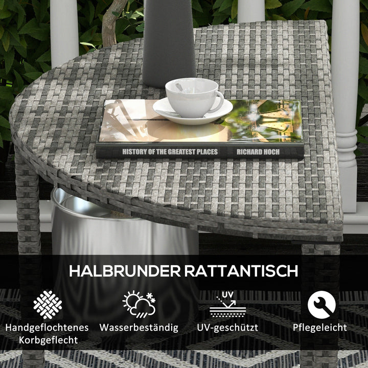 Balkonbord, halvrundt, polyrattan og metal, 100x50x74 cm, grå