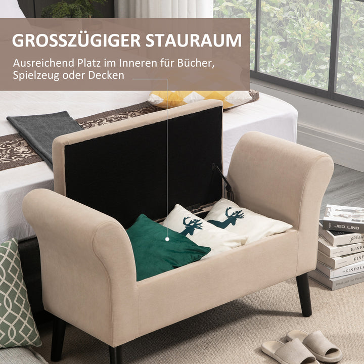 Polstret bænk med opbevaringsplads, kommodebænk med armlæn, 46 cm sædehøjde, fløjl polyester, 111,5 x 41 x 65 cm, beige