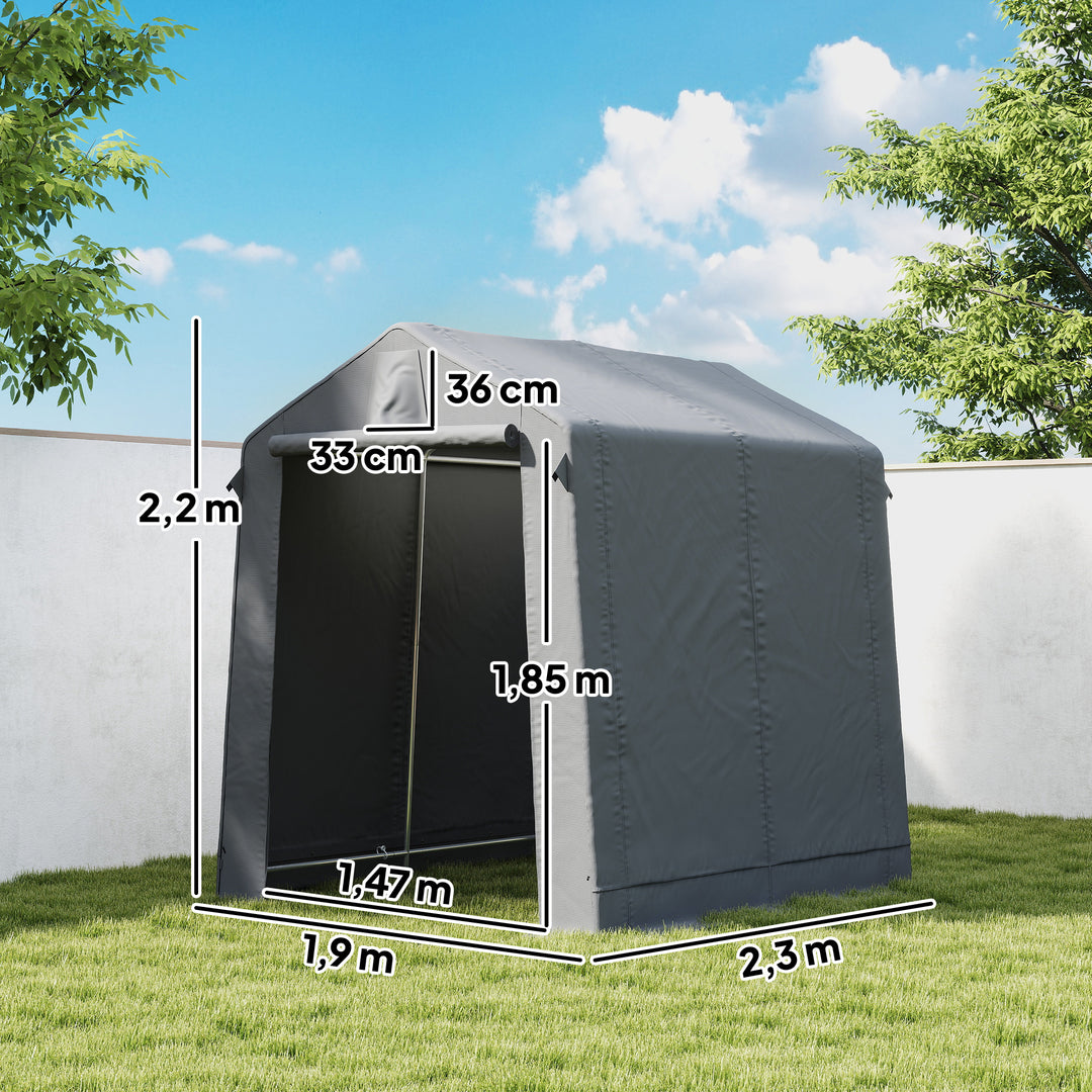 Garagetelt 2,3 x 1,9 m, vandafvisende udstyrstelt med rullestang, lynlåsdør, ventilation, gavltag, mørkegrå