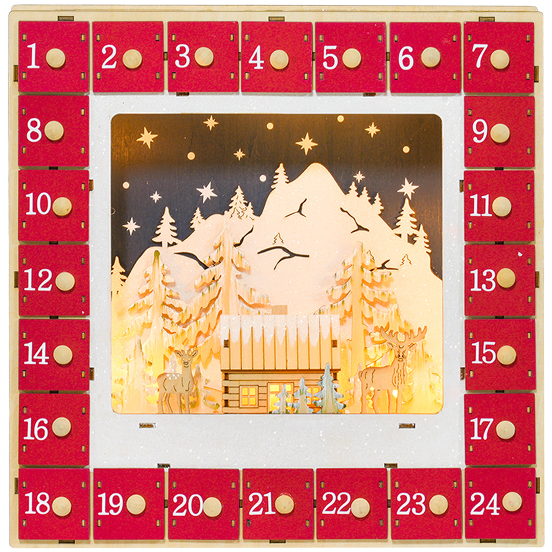 Led-julekalender med landsbyscene, 24 store skuffer, mdf, 34 x 7 x 34 cm, rød