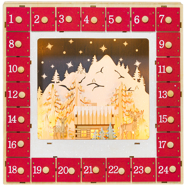 Led-julekalender med landsbyscene, 24 store skuffer, mdf, 34 x 7 x 34 cm, rød