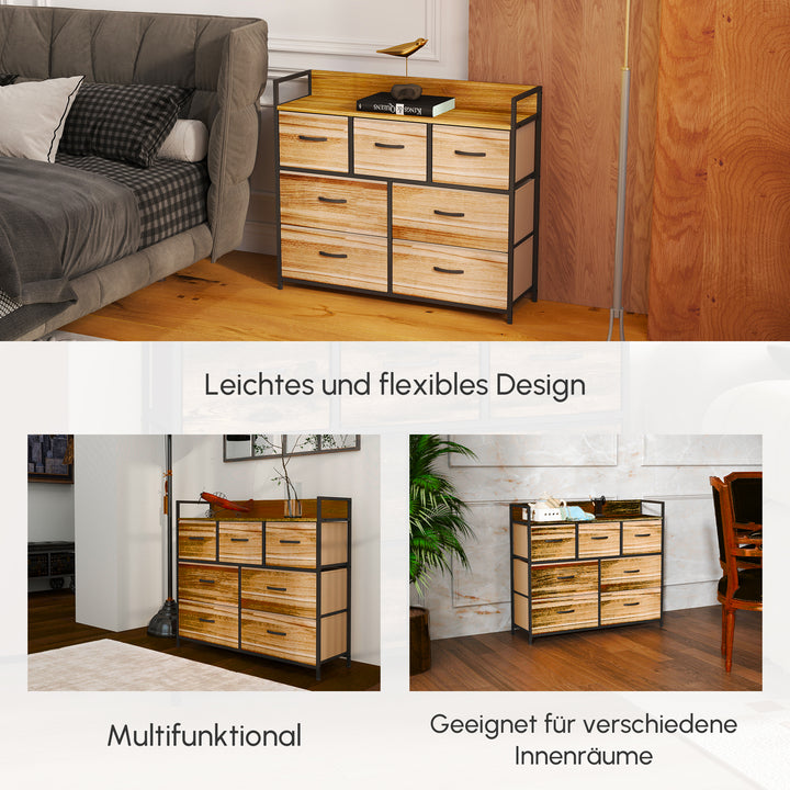 Kommode, skænk med 7 stofskuffer, industrielt design, stålstel, 98 x 29 x 85 cm, brun/sort