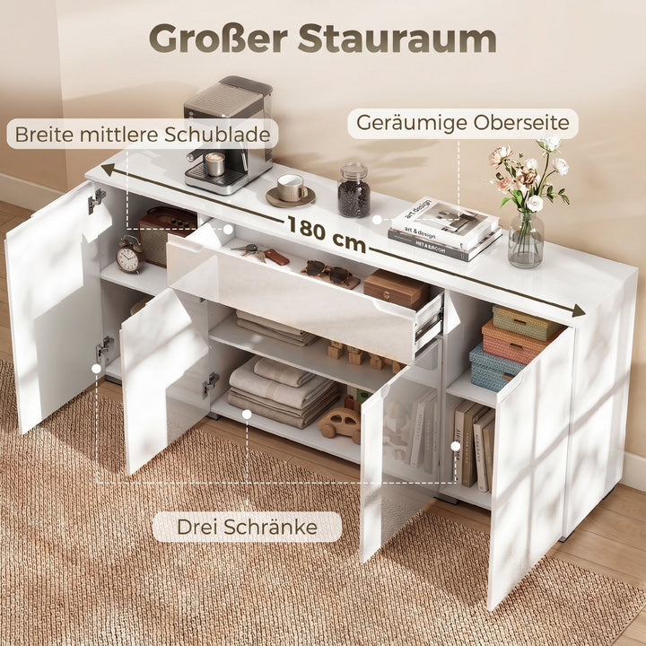 Højglans skænk, moderne kommode med 4 døre og justerbare hylder, soft-close funktion, hvid