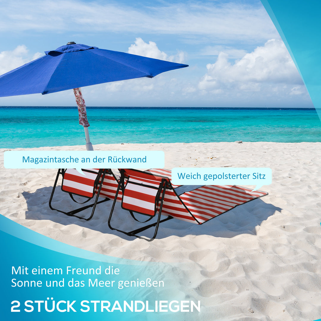 Strandliggestol, foldbar, justerbar ryglæn, sidelomme, blød polstring, stålstel, rød, 142x51x40cm