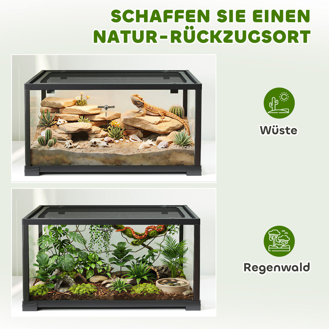 Krybdyrterrarium, 86 liters terrarium med skydedør, aflåselig, til firben, insekter, edderkopper, gekkoer, 60 x 45 x 32 cm, sort