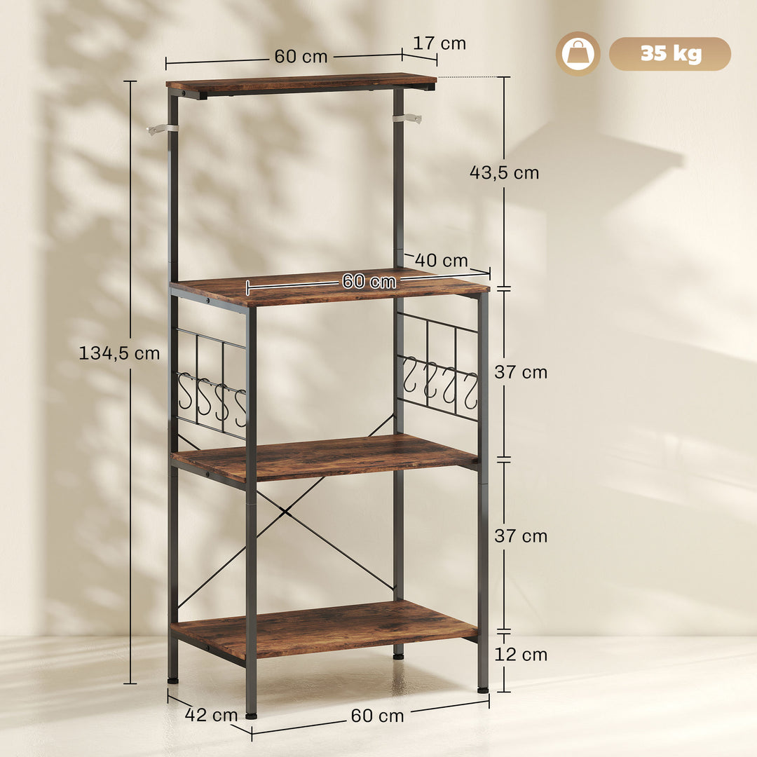 Køkkenhylde, 4-etagers design, bordplade, 8 kroge, metalrør, brun+sort