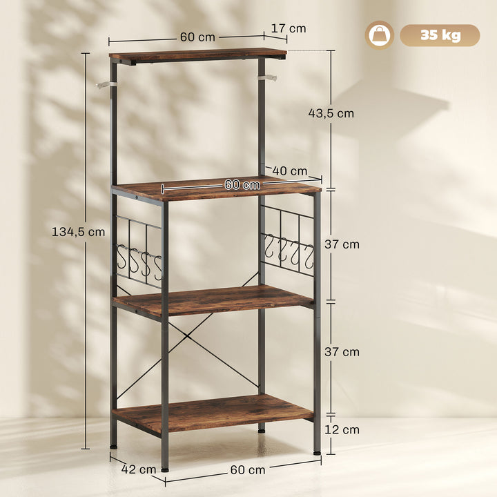 Køkkenhylde, 4-etagers design, bordplade, 8 kroge, metalrør, brun+sort