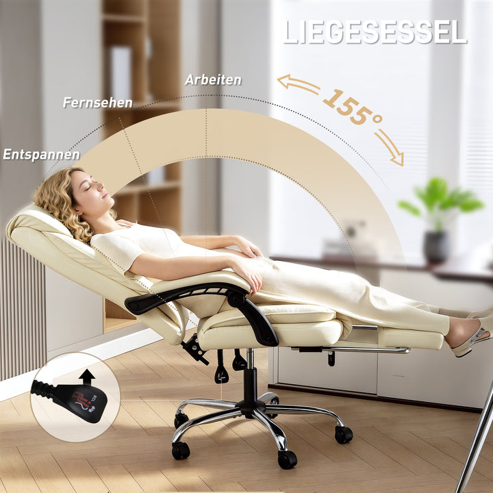 Ergonomisk kontorstol med fodstøtte, kunstlæderbetræk, hjul, drejelig, metal, beige+sort