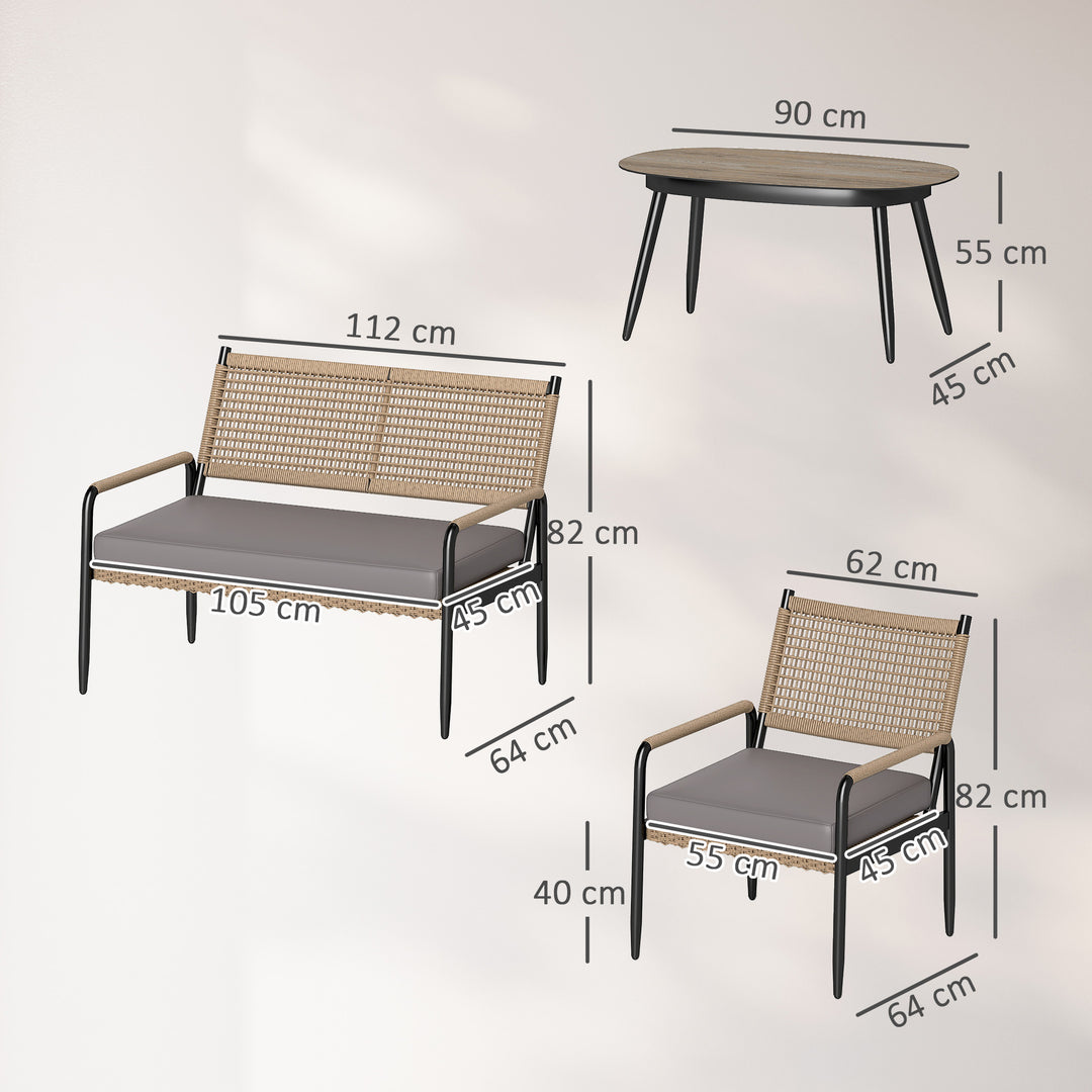 Havemøbelsæt af polyrattan loungesæt med 2-personers sofa, lænestol, glasbord, hynder til 4 personer, mørkegrå + gul