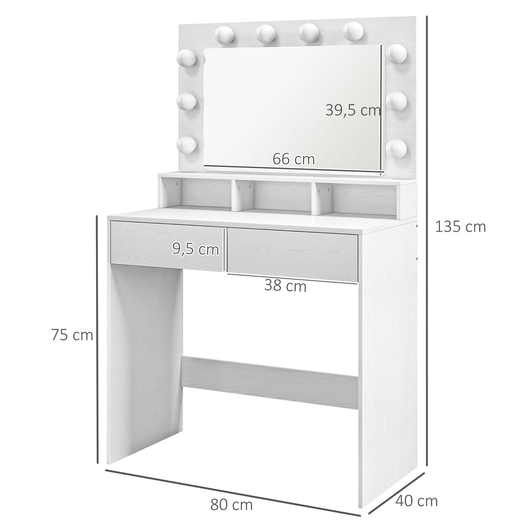 Toiletbord med oplyst spejl, skuffer, 3 belysningsmuligheder, 10 pærer, moderne sminkebord i hvid