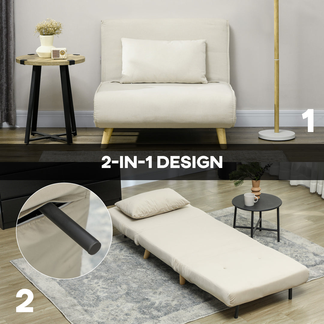 Klappelig lænestol med sengefunktion, klappelig lænestol i fløjlslook, justerbar ryglæn, lasteevne op til 120 kg, beige