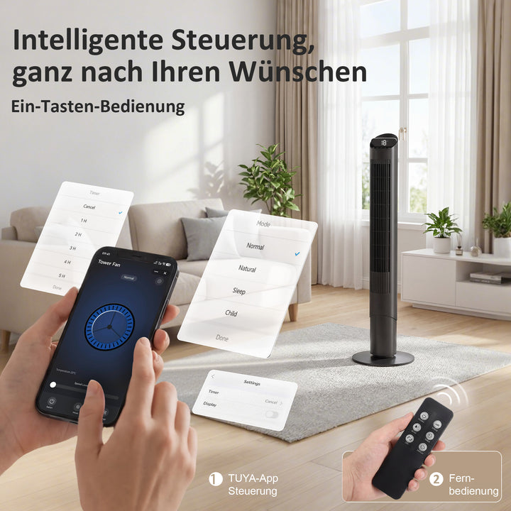 116 cm tårnventilator, standerventilator med fjernbetjening, WiFi-app-styring, 65° oscillation, 6 hastigheder, 4 tilstande