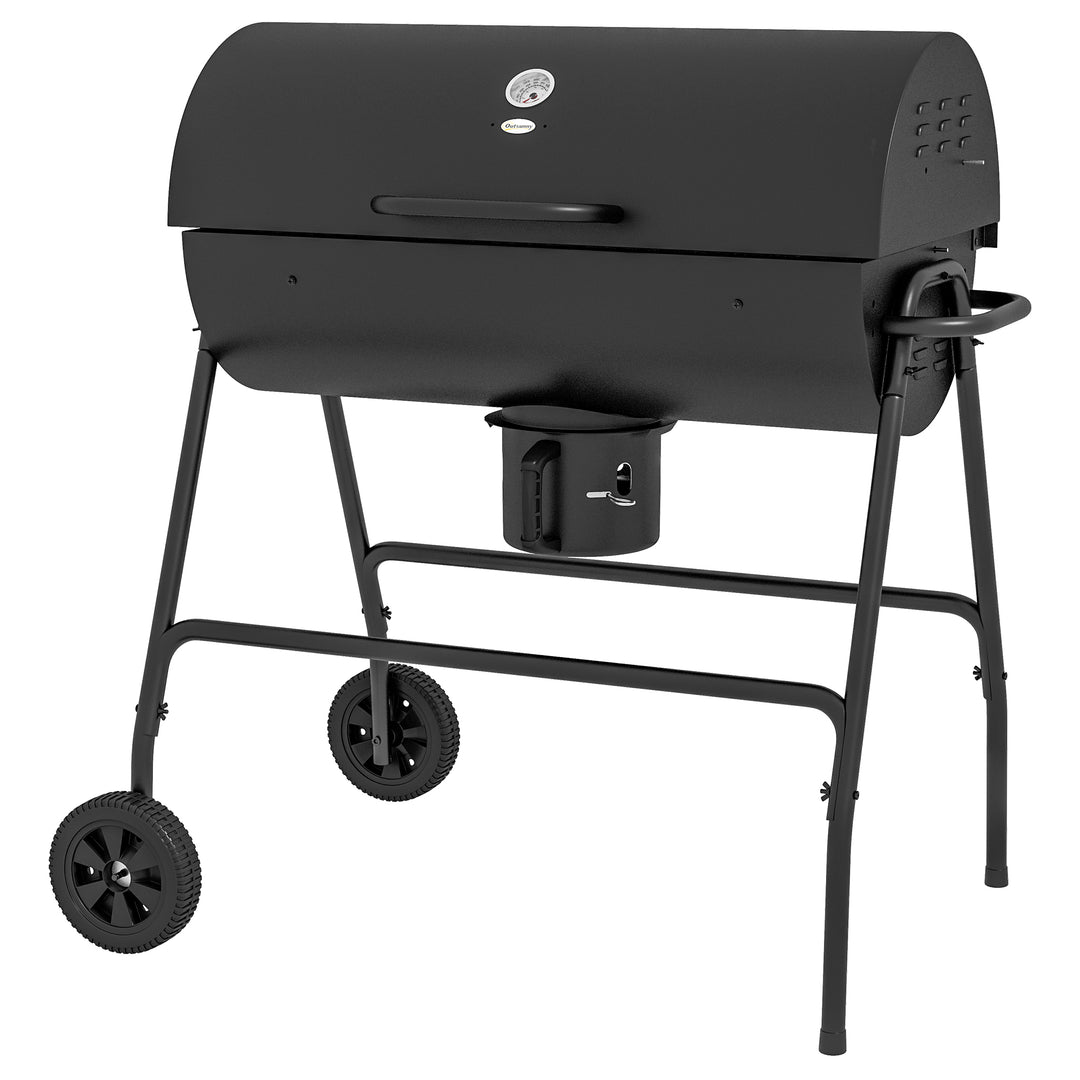 Metalkulgrill BBQ-ryger med låg, termometer, hjul, grillvogn, 95x71,5x102 cm, sort
